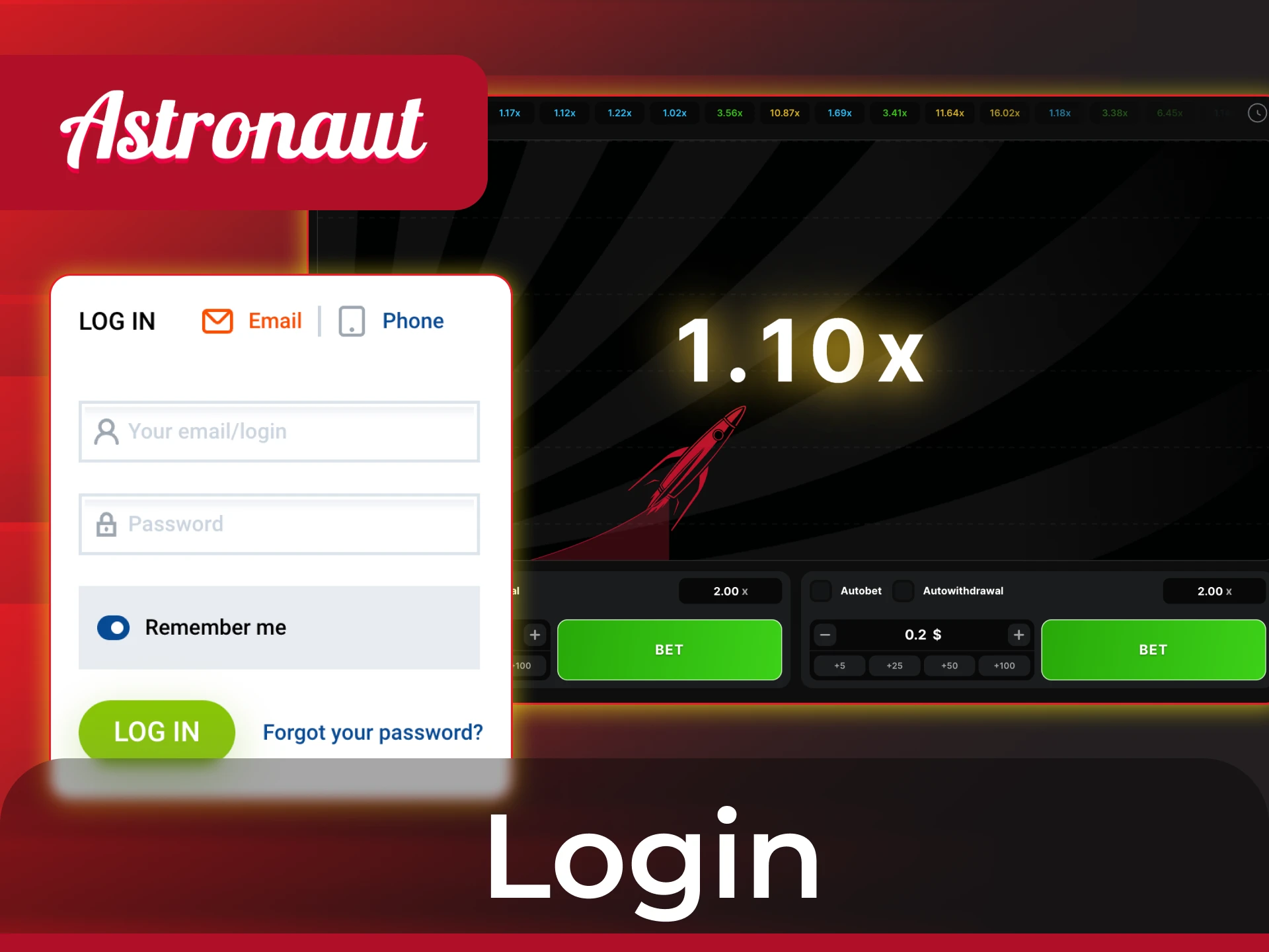 To start playing the Astronaut game, you need to log in to the online casino.