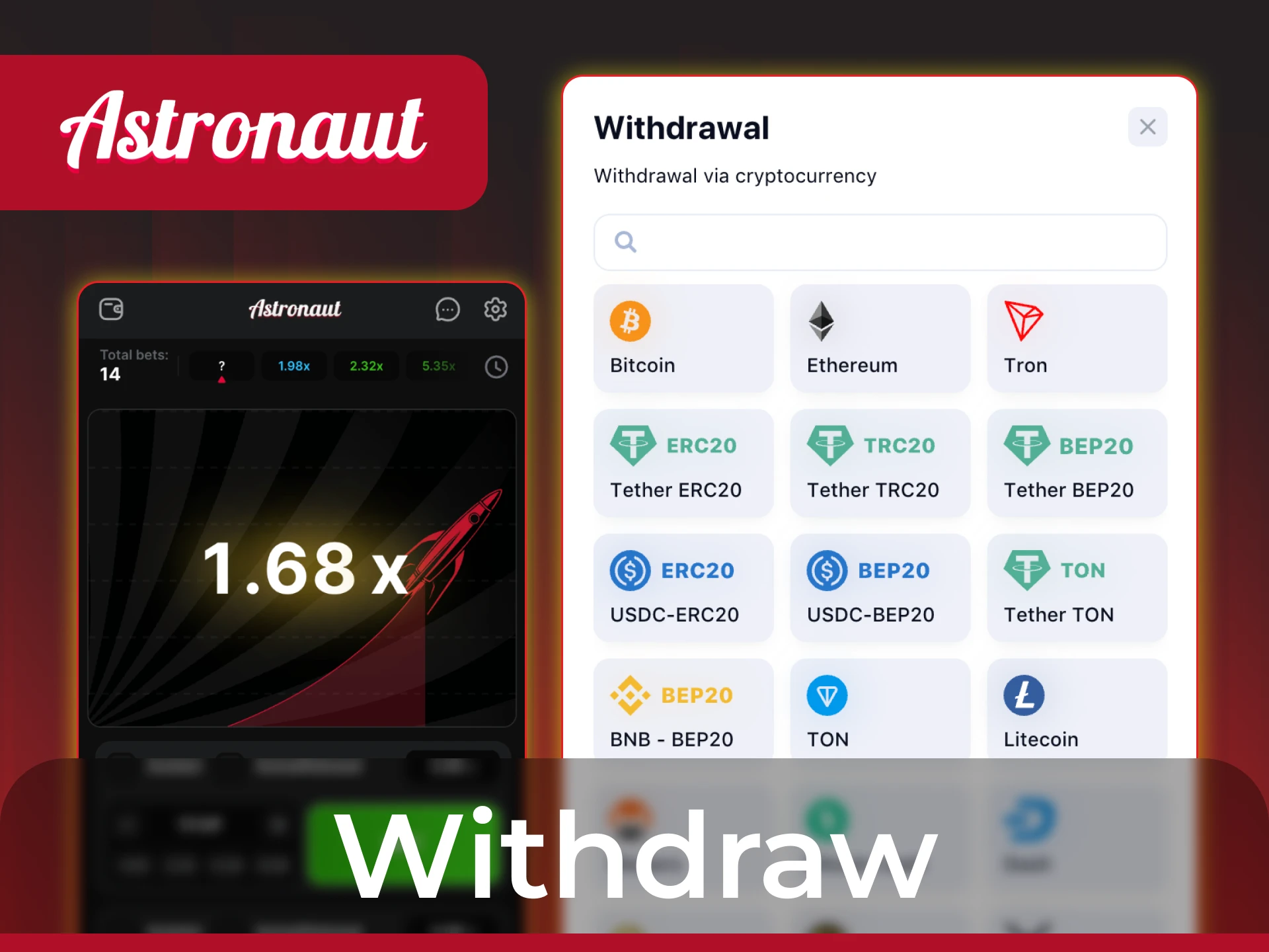 Withdraw your winnings from the Astronaut game quickly and easily.