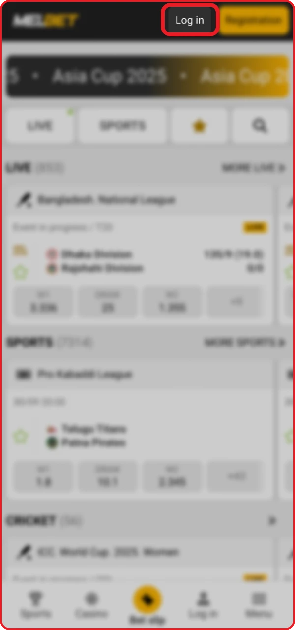 Find the login button in the online casino.