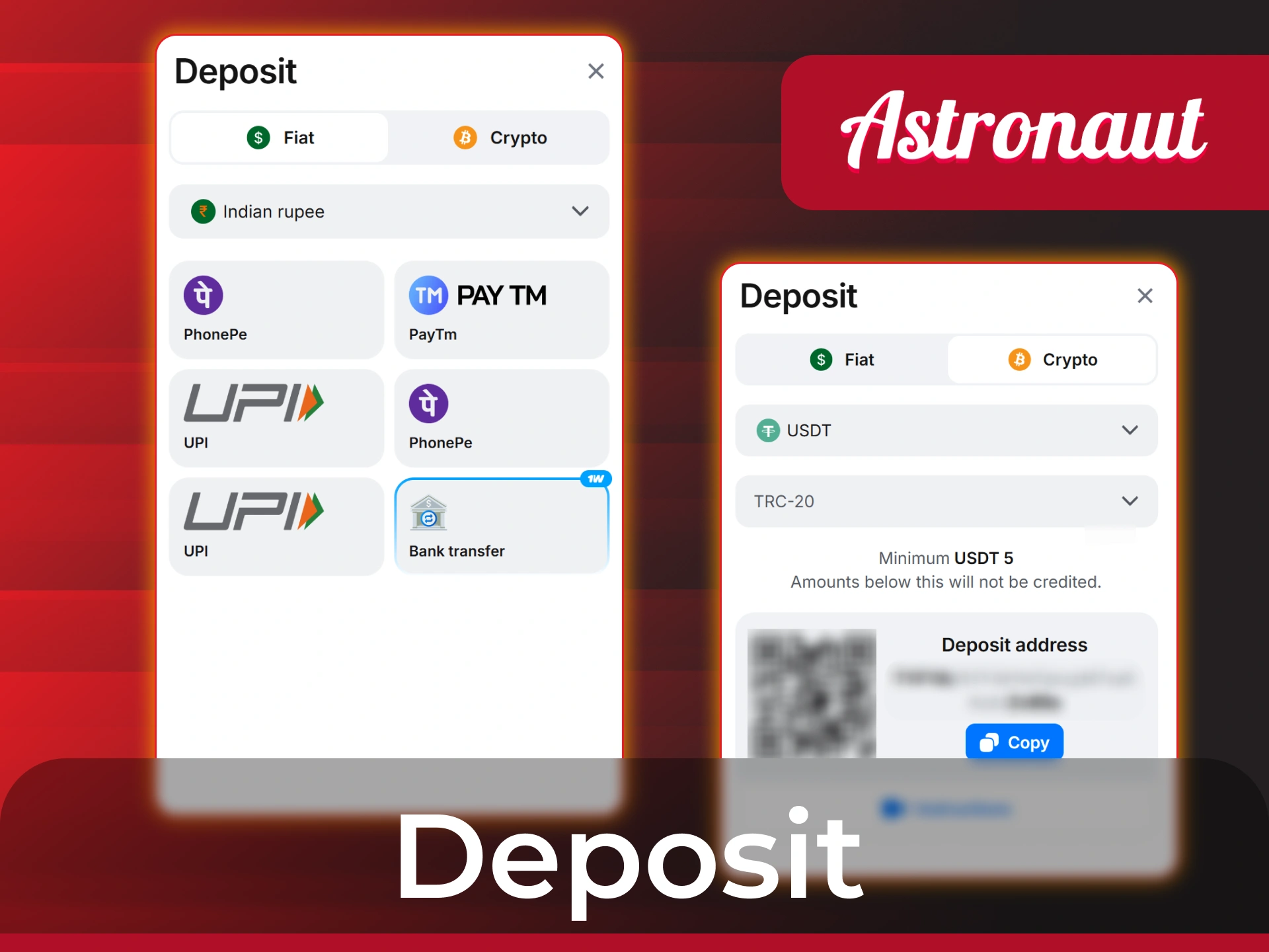 Use one of proposed 1win deposit methods to top up your account for Astronaut game.