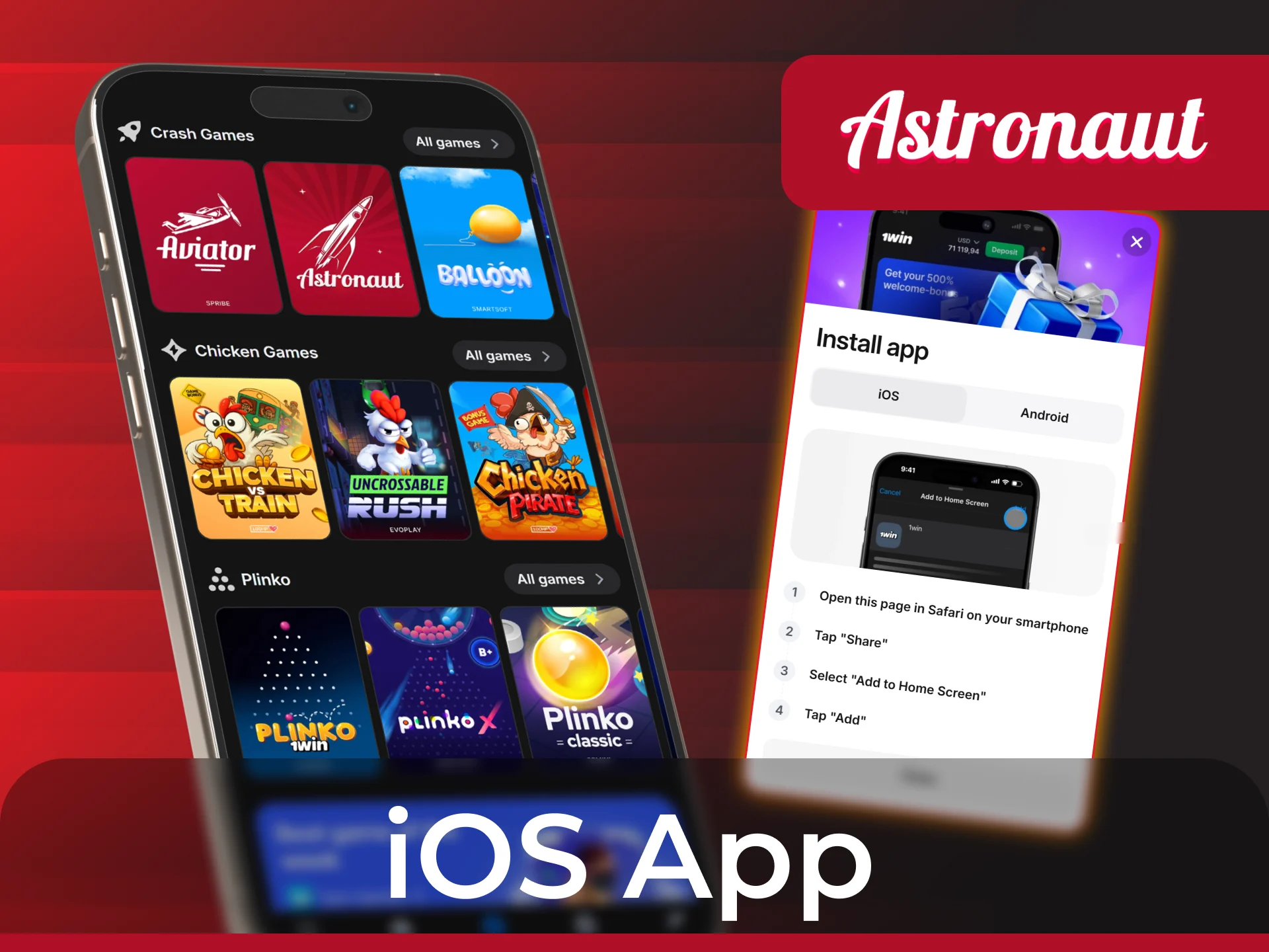 Use PWA function to get 1win app to play Astronaut game.