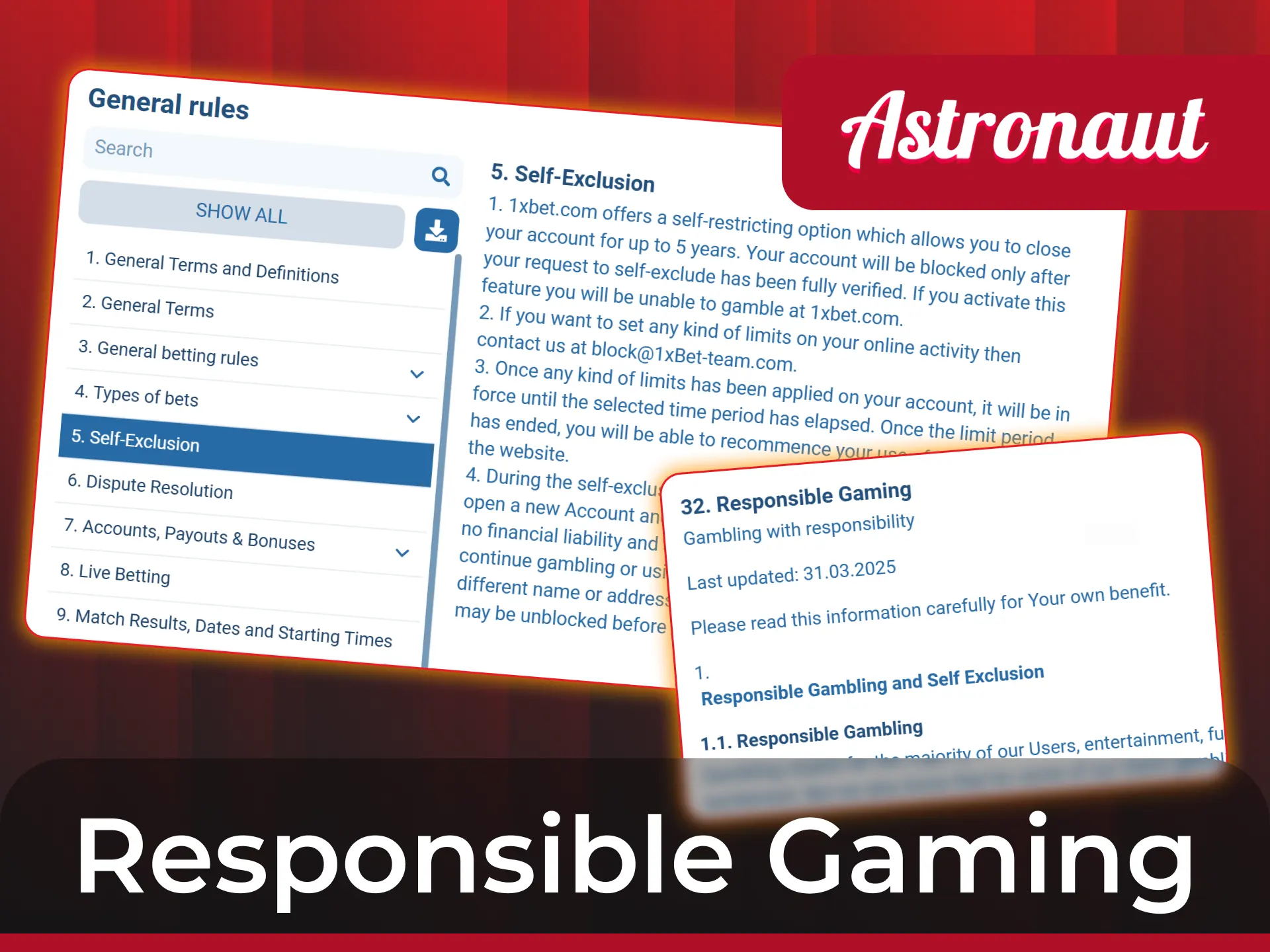 Keep yourself safe and play with responsibility in Astronaut game at 1xBet.